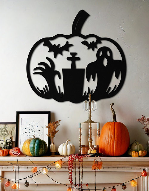 Load image into Gallery viewer, Halloween Ghost Pumpkin Metal Wall Art – Black Steel Spooky Holiday Decoration- KAF503

