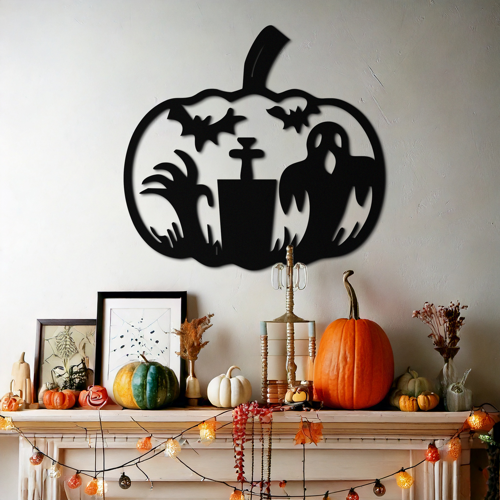 Halloween Ghost Pumpkin Metal Wall Art – Black Steel Spooky Holiday Decoration- KAF503