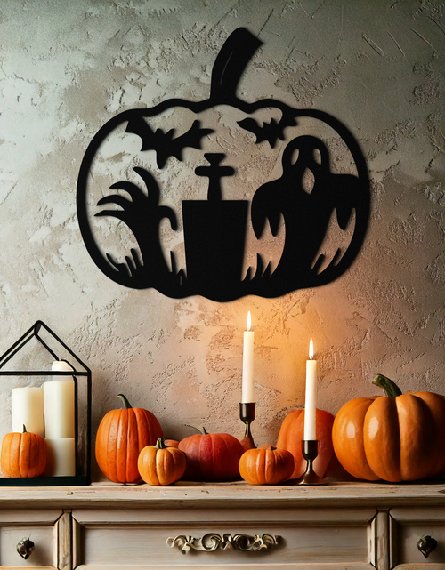 Load image into Gallery viewer, Halloween Ghost Pumpkin Metal Wall Art – Black Steel Spooky Holiday Decoration- KAF503
