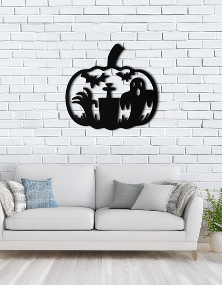 Cadılar Bayramı Hayalet Balkabağı Metal Duvar Sanatı – Siyah Çelik Ürkütücü Tatil Dekorasyonu- KAF503