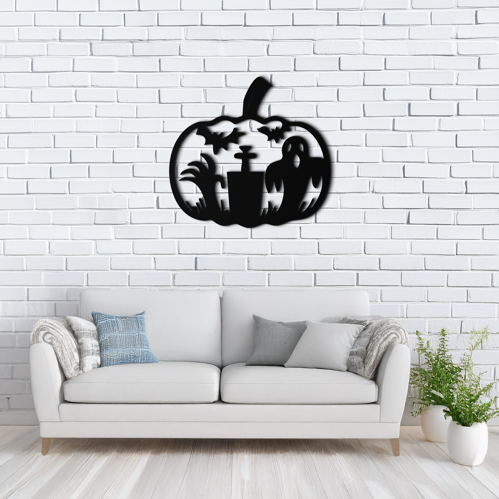 Halloween Ghost Pumpkin Metal Wall Art – Black Steel Spooky Holiday Decoration- KAF503