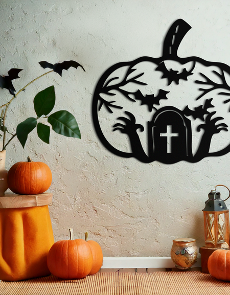 Cadılar Bayramı Mezarlık Balkabağı Metal Duvar Sanatı – Ürkütücü Siyah Çelik Cadılar Bayramı Dekoru- KAF504