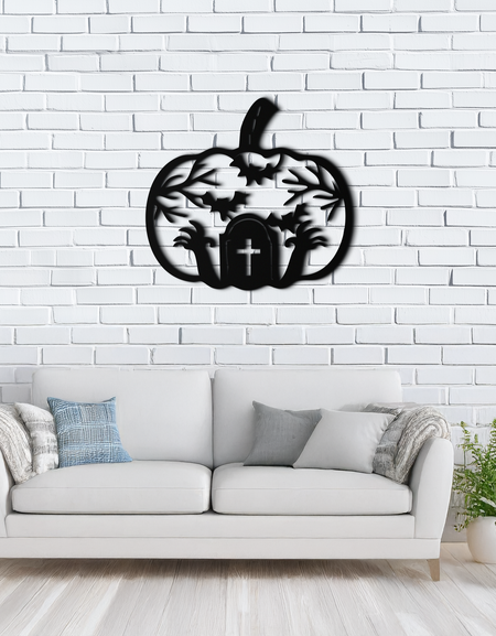 Cadılar Bayramı Mezarlık Balkabağı Metal Duvar Sanatı – Ürkütücü Siyah Çelik Cadılar Bayramı Dekoru- KAF504