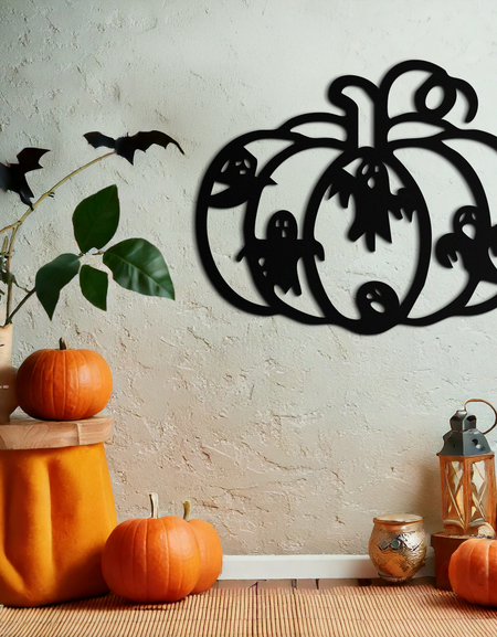 Cadılar Bayramı Balkabağı ve Hayaletler Metal Duvar Sanatı – Ürkütücü Siyah Çelik Dekorasyon- KAF505