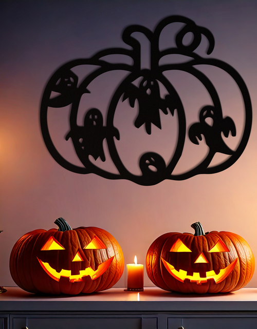 Load image into Gallery viewer, Halloween Pumpkin and Ghosts Metal Wall Art – Spooky Black Steel Decoration- KAF505
