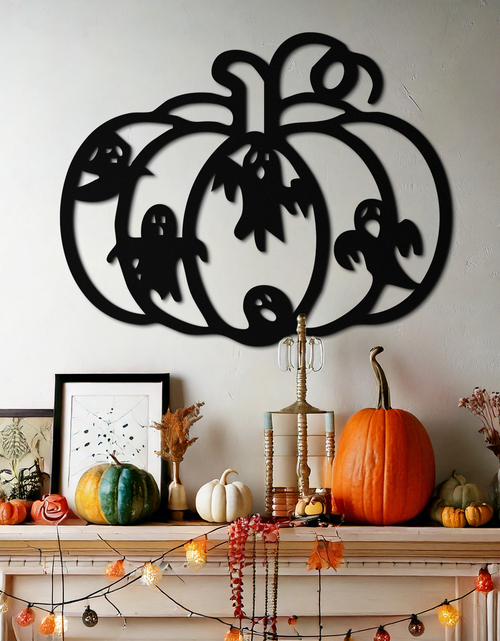 Load image into Gallery viewer, Halloween Pumpkin and Ghosts Metal Wall Art – Spooky Black Steel Decoration- KAF505
