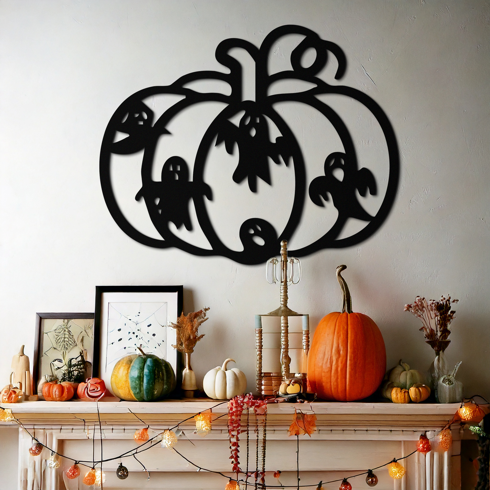 Halloween Pumpkin and Ghosts Metal Wall Art – Spooky Black Steel Decoration- KAF505
