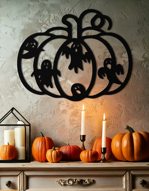 Load image into Gallery viewer, Halloween Pumpkin and Ghosts Metal Wall Art – Spooky Black Steel Decoration- KAF505
