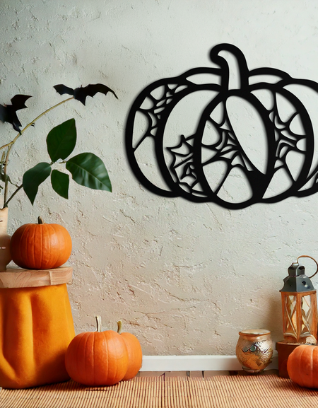 Cadılar Bayramı Balkabağı Metal Duvar Sanatı – Siyah Çelik Perili Sonbahar Dekoru- KAF506