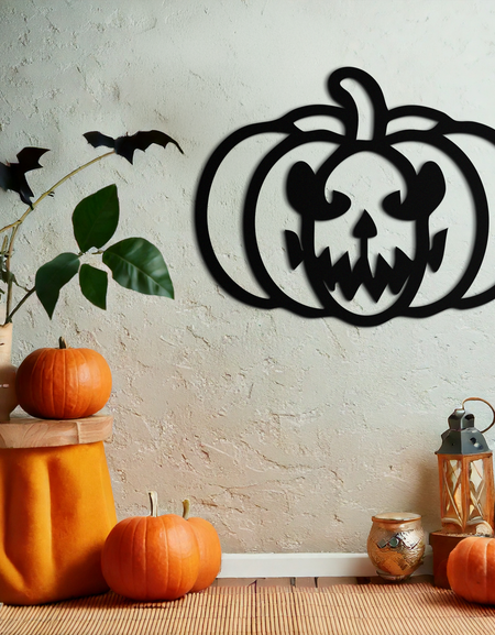 Korkunç Balkabağı Yüzü Metal Duvar Sanatı – Siyah Çelik Cadılar Bayramı Dekoru- KAF507