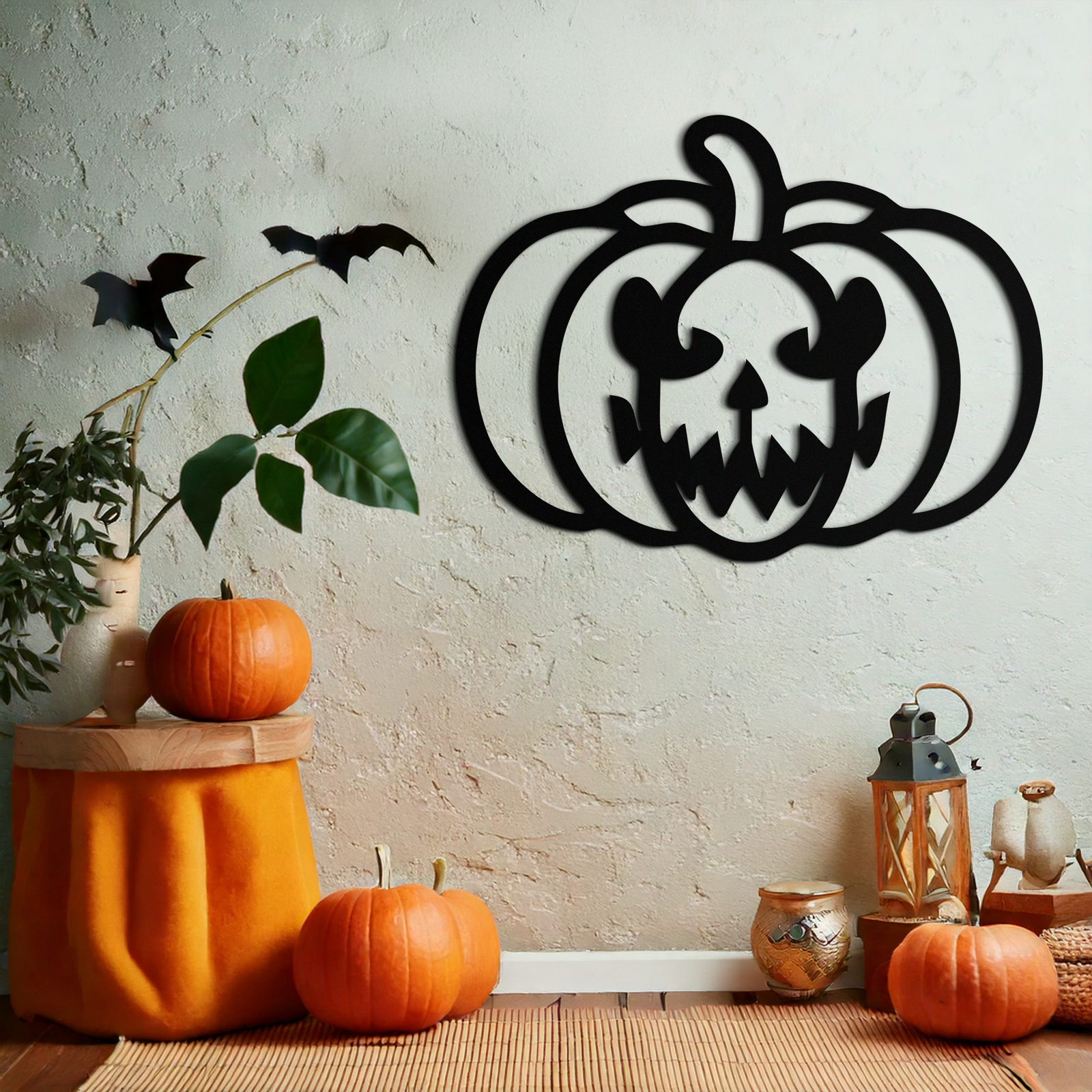 Scary Pumpkin Face Metal Wall Art – Black Steel Halloween Decor- KAF507