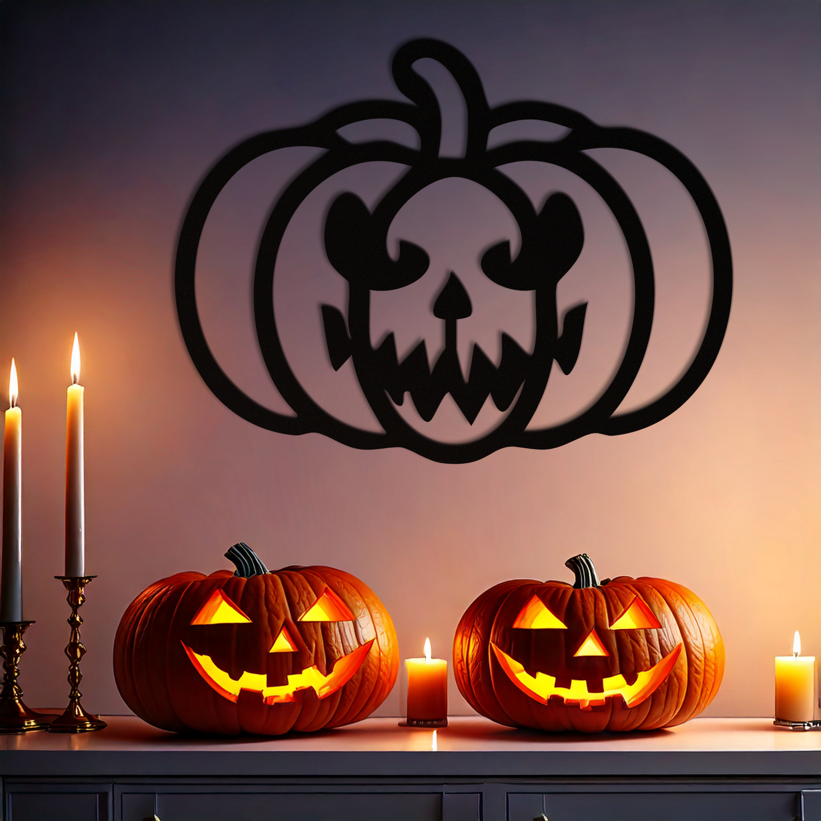 Scary Pumpkin Face Metal Wall Art – Black Steel Halloween Decor- KAF507