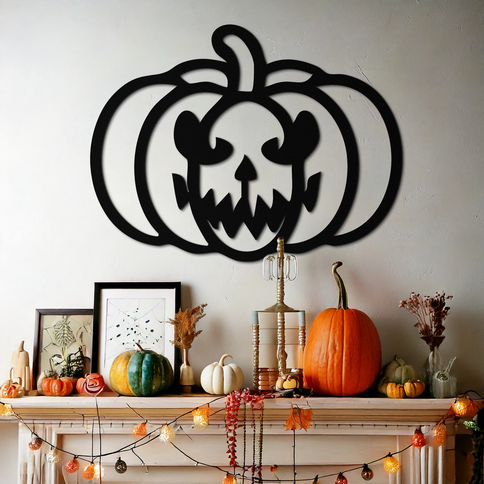 Scary Pumpkin Face Metal Wall Art – Black Steel Halloween Decor- KAF507