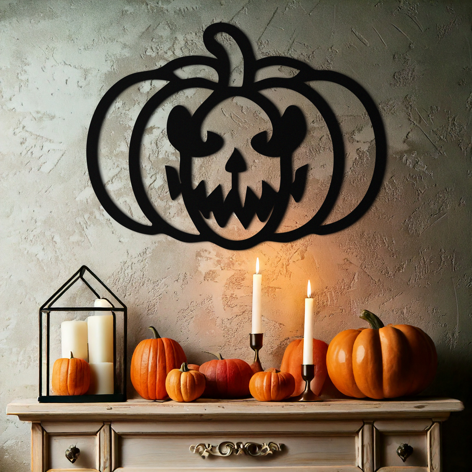 Scary Pumpkin Face Metal Wall Art – Black Steel Halloween Decor- KAF507
