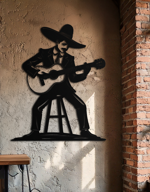 Resmi Galeri görüntüleyicisine yükleyin, Meksika Müzisyen Metal Duvar Sanatı – Siyah Çelik Gitarist Ölüler Günü Dekoru- KAF510
