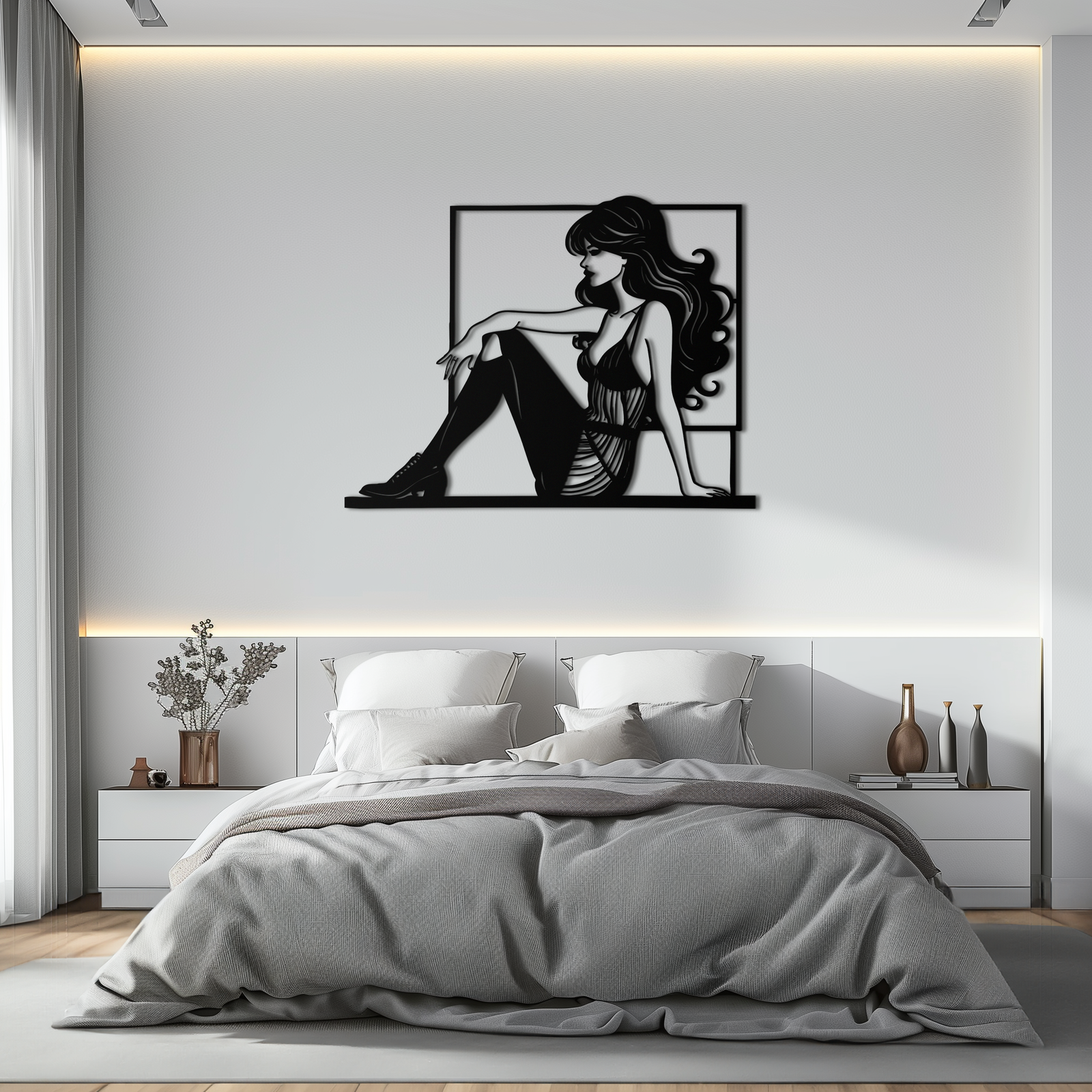 Elegant Woman Silhouette Metal Wall Art – Modern Black Feminine Home Decor- KAF511