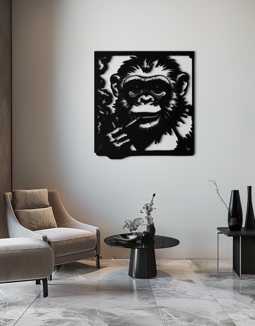 Load image into Gallery viewer, Smoking Chimpanzee Metal Wall Art – Cool Monkey Black Metal Wall Decor for Home- KAF513

