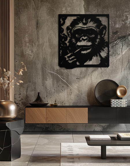 Sigara İçen Şempanze Metal Duvar Sanatı – Ev İçin Harika Maymun Siyah Metal Duvar Dekoru- KAF513