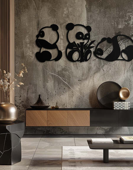 Cute Panda Trio Metal Wall Art – Black Steel Playful Animal Nursery Decor- KAF515