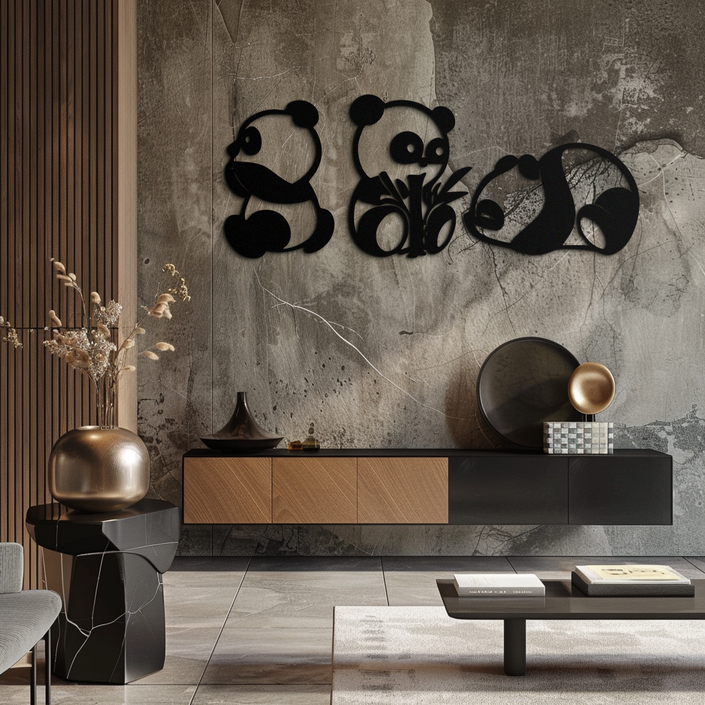 Cute Panda Trio Metal Wall Art – Black Steel Playful Animal Nursery Decor- KAF515