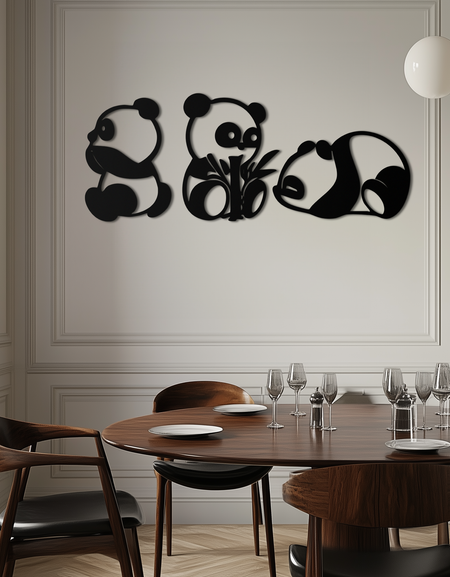 Cute Panda Trio Metal Wall Art – Black Steel Playful Animal Nursery Decor- KAF515