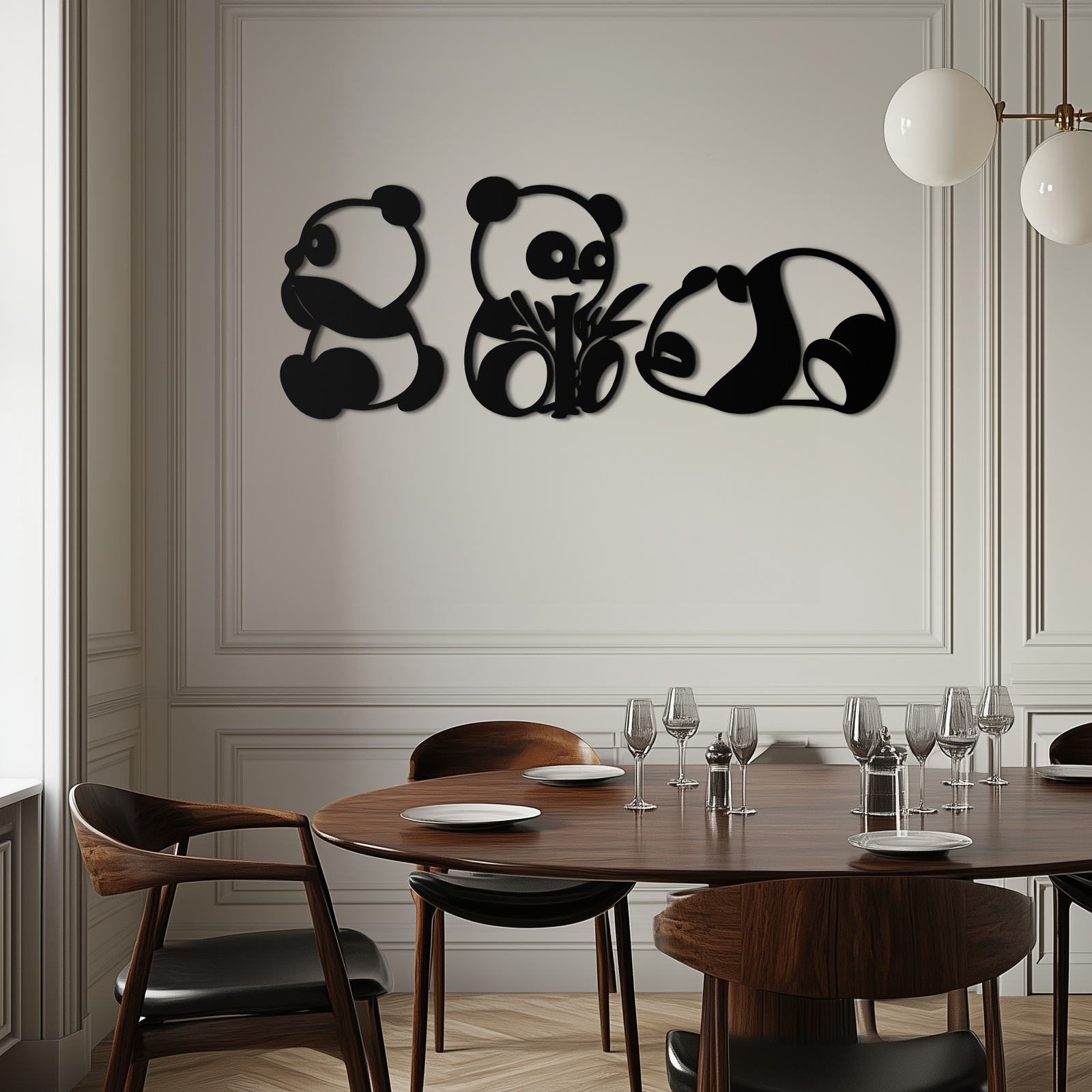 Cute Panda Trio Metal Wall Art – Black Steel Playful Animal Nursery Decor- KAF515