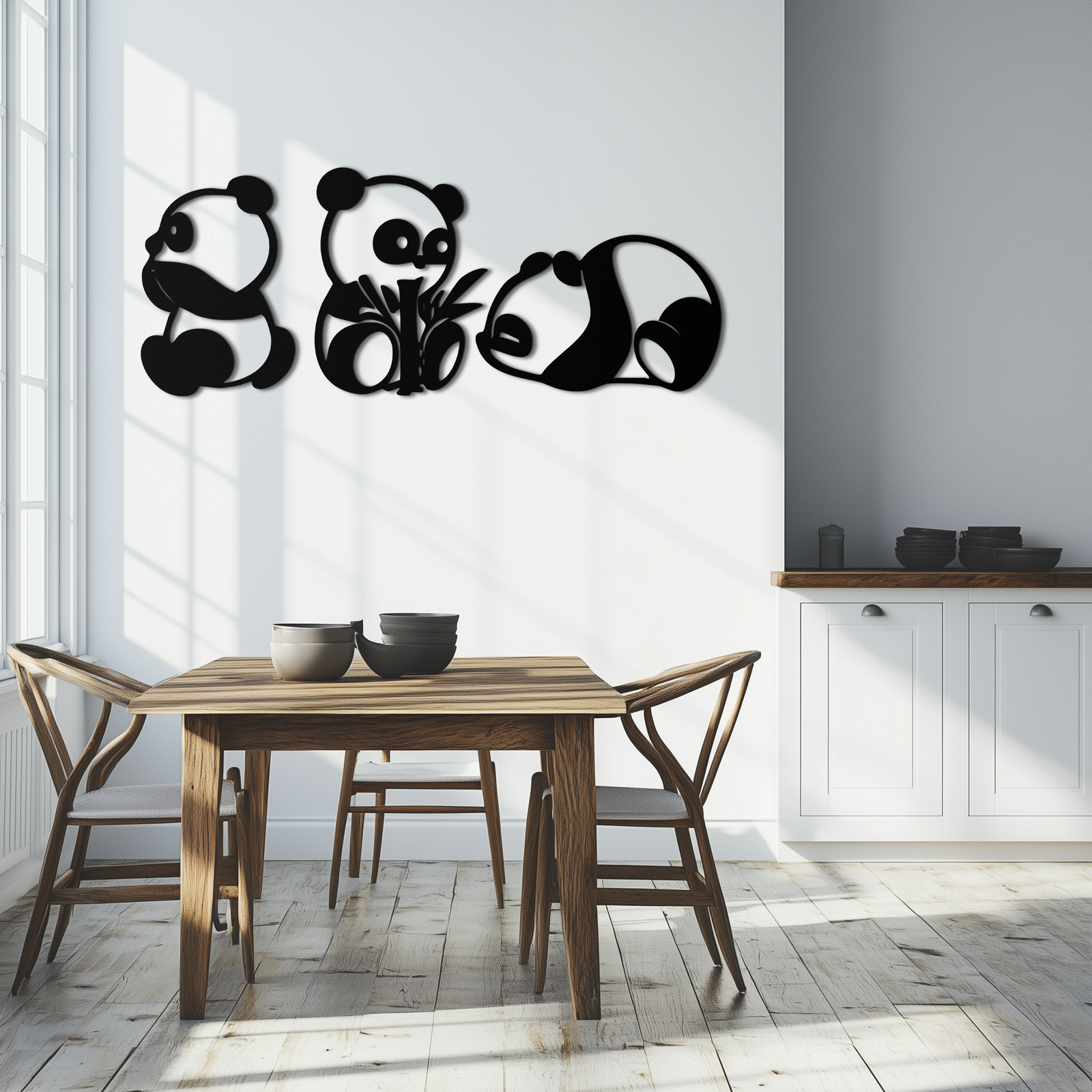 Cute Panda Trio Metal Wall Art – Black Steel Playful Animal Nursery Decor- KAF515