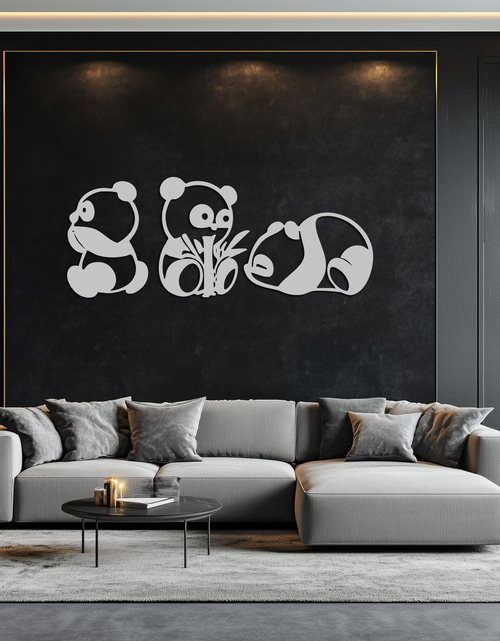 Load image into Gallery viewer, Cute Panda Trio Metal Wall Art – Black Steel Playful Animal Nursery Decor- KAF515
