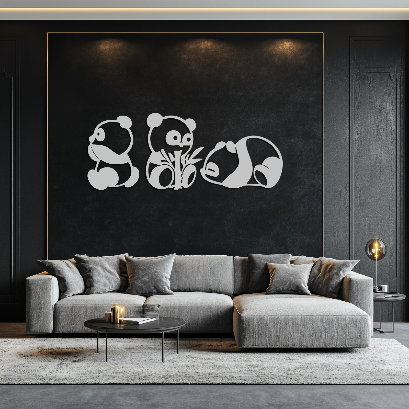 Cute Panda Trio Metal Wall Art – Black Steel Playful Animal Nursery Decor- KAF515