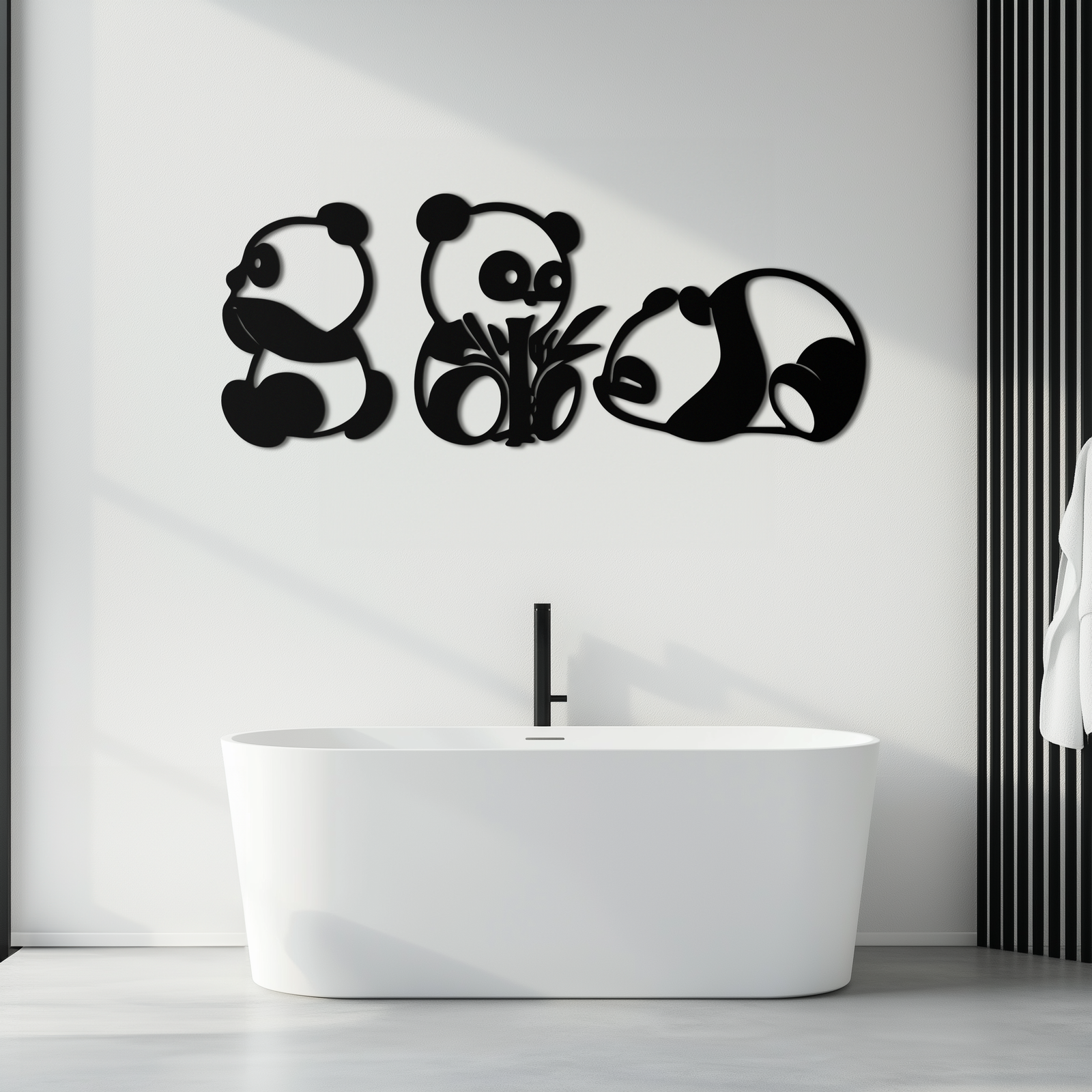 Cute Panda Trio Metal Wall Art – Black Steel Playful Animal Nursery Decor- KAF515