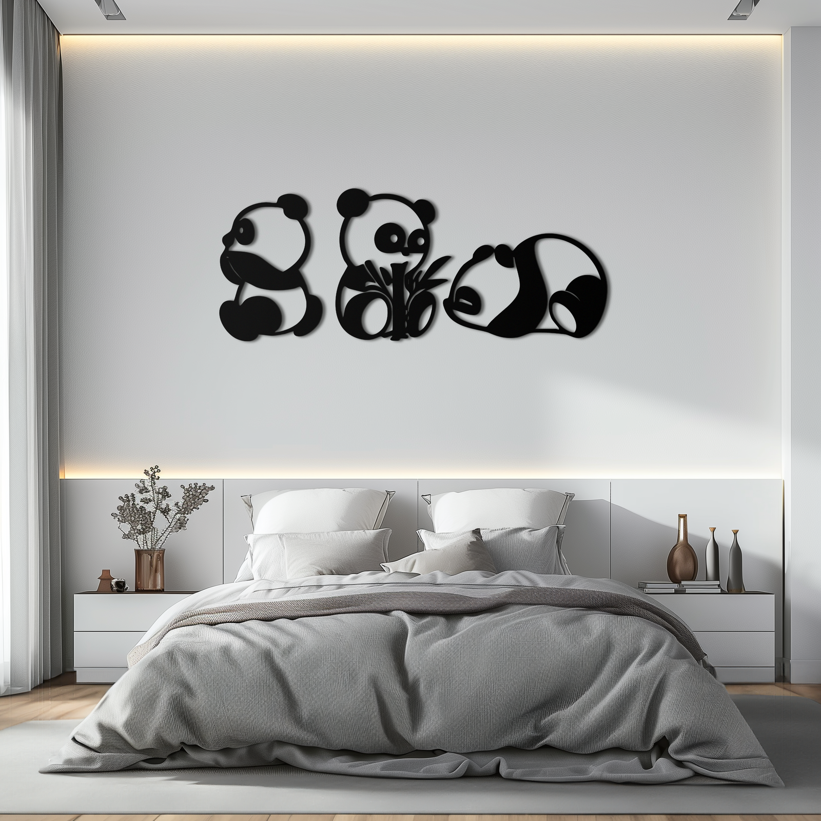 Cute Panda Trio Metal Wall Art – Black Steel Playful Animal Nursery Decor- KAF515