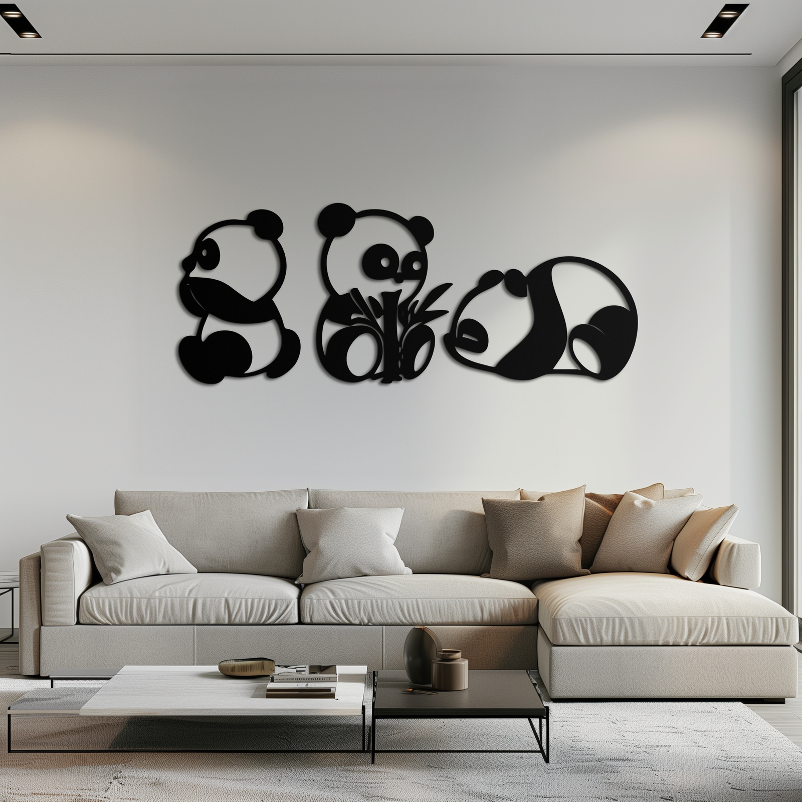 Cute Panda Trio Metal Wall Art – Black Steel Playful Animal Nursery Decor- KAF515