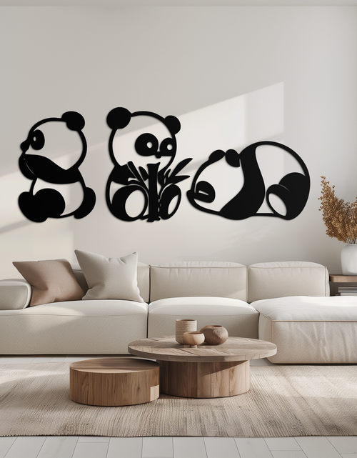 Load image into Gallery viewer, Cute Panda Trio Metal Wall Art – Black Steel Playful Animal Nursery Decor- KAF515

