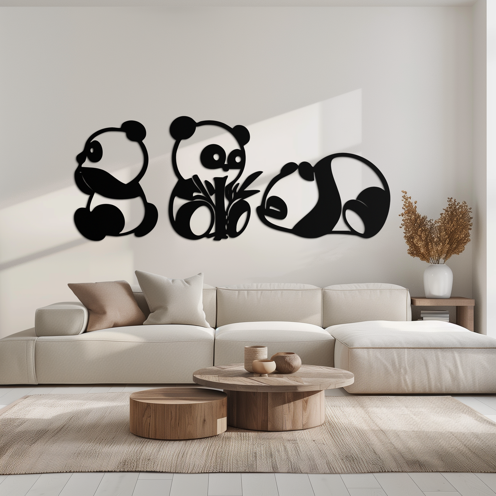 Cute Panda Trio Metal Wall Art – Black Steel Playful Animal Nursery Decor- KAF515