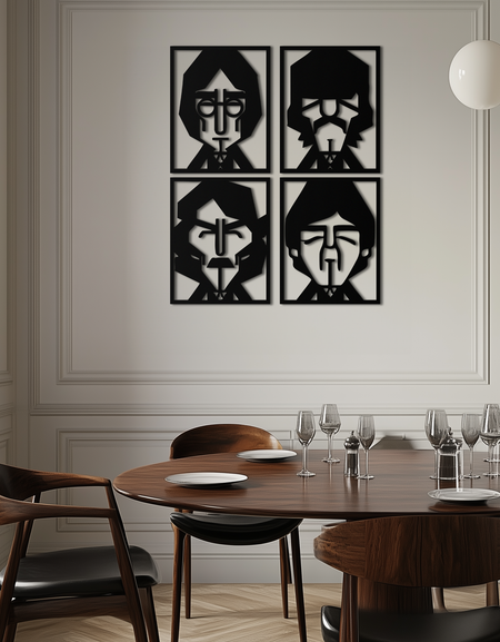 Soyut Geometrik Yüzler Metal Duvar Sanatı - Modern Siyah Çelik Ev Dekoru Dörtlü Set - KAF516