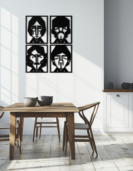 Soyut Geometrik Yüzler Metal Duvar Sanatı - Modern Siyah Çelik Ev Dekoru Dörtlü Set - KAF516