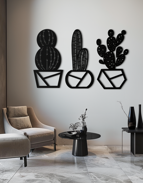Load image into Gallery viewer, Geometric Cactus Set Metal Wall Art – Modern Black Steel Succulent Decor for Home and Office- KAF518
