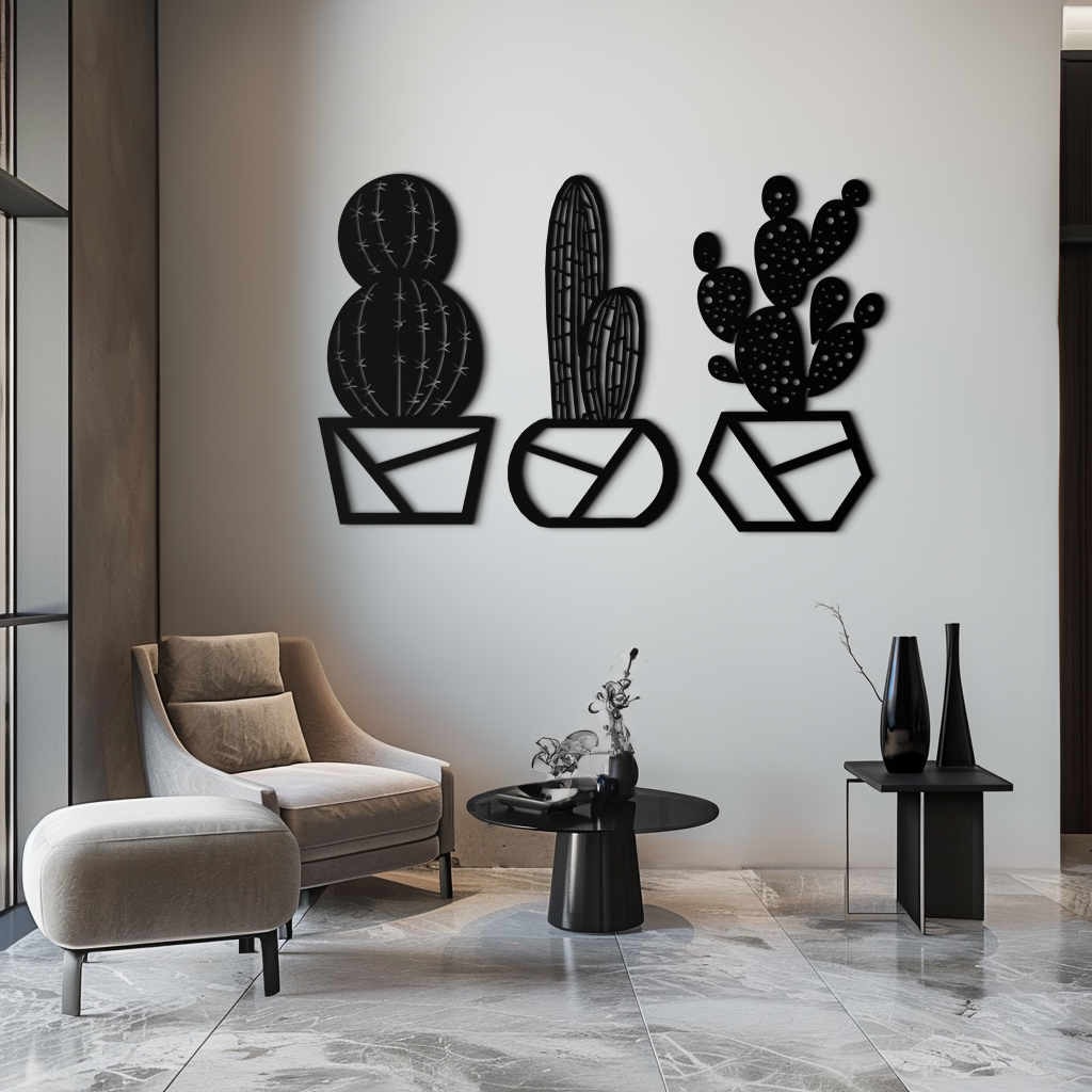 Geometric Cactus Set Metal Wall Art – Modern Black Steel Succulent Decor for Home and Office- KAF518