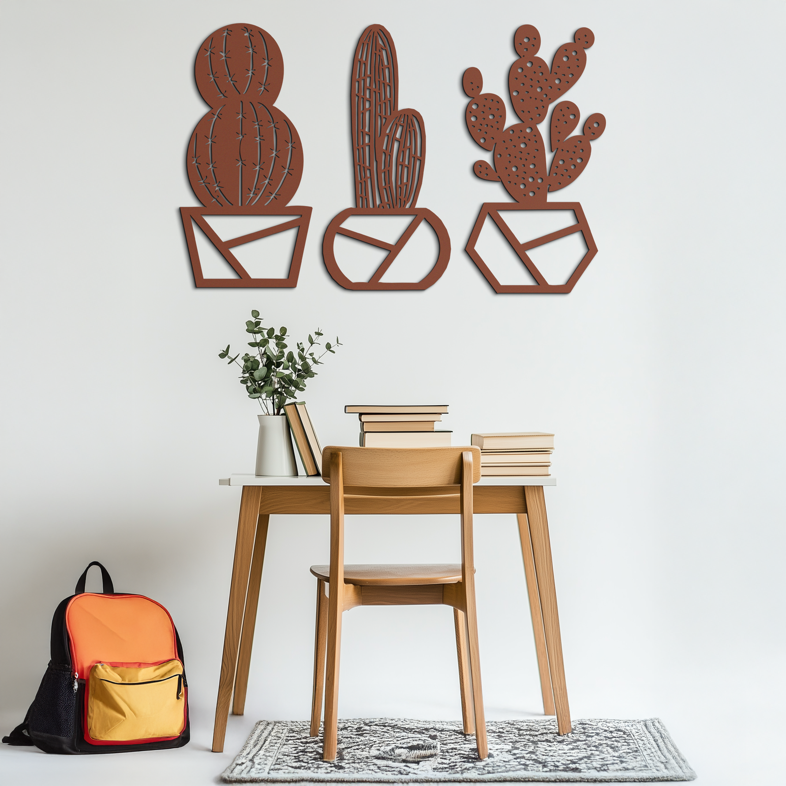 Geometric Cactus Set Metal Wall Art – Modern Black Steel Succulent Decor for Home and Office- KAF518