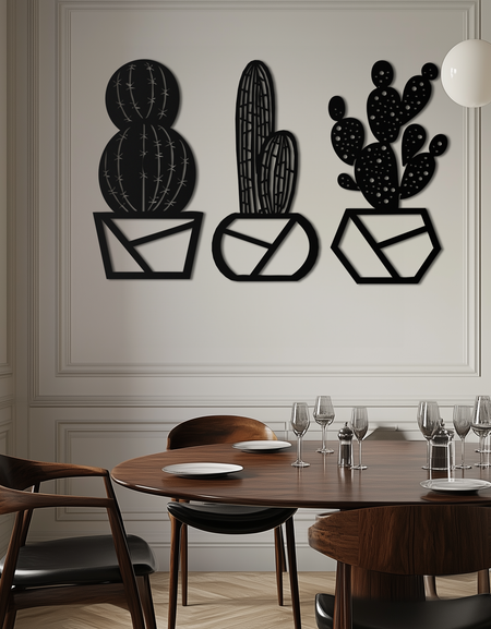 Geometric Cactus Set Metal Wall Art – Modern Black Steel Succulent Decor for Home and Office- KAF518