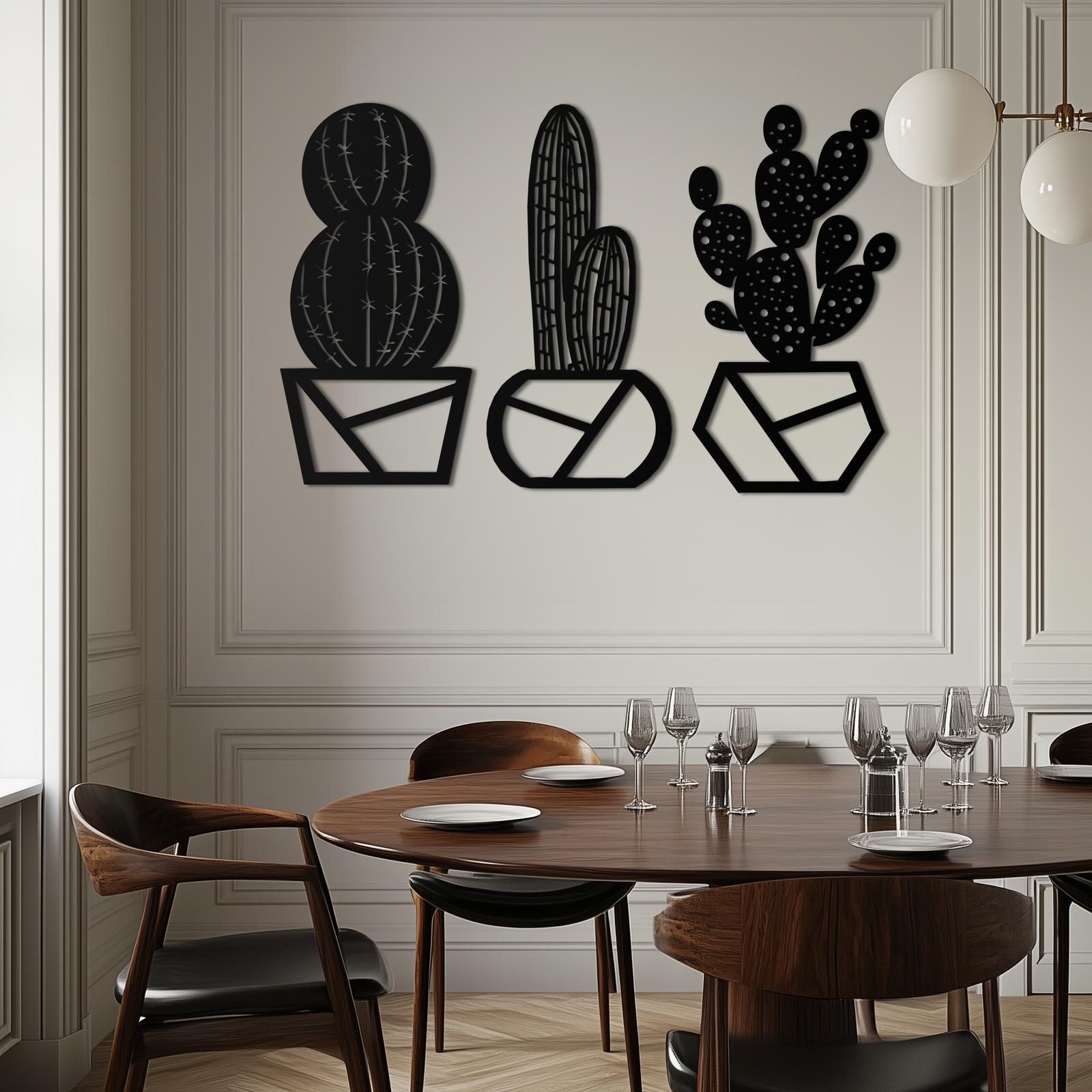 Geometric Cactus Set Metal Wall Art – Modern Black Steel Succulent Decor for Home and Office- KAF518