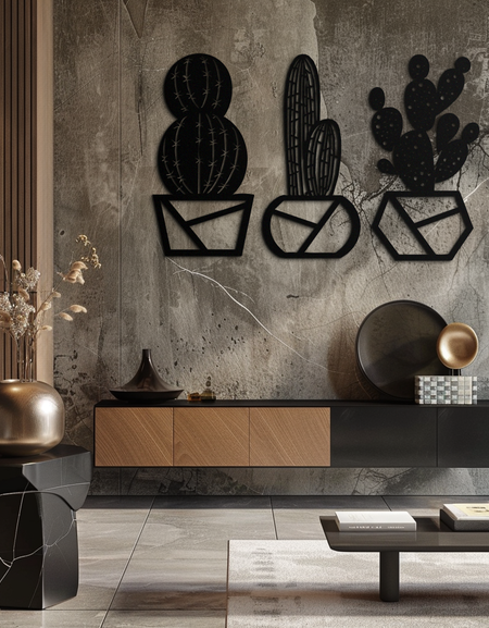 Geometric Cactus Set Metal Wall Art – Modern Black Steel Succulent Decor for Home and Office- KAF518
