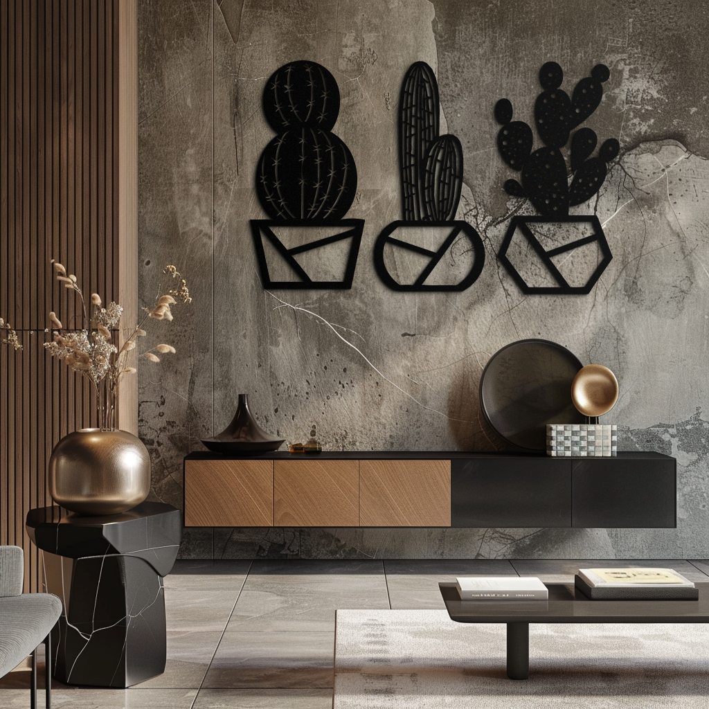 Geometric Cactus Set Metal Wall Art – Modern Black Steel Succulent Decor for Home and Office- KAF518