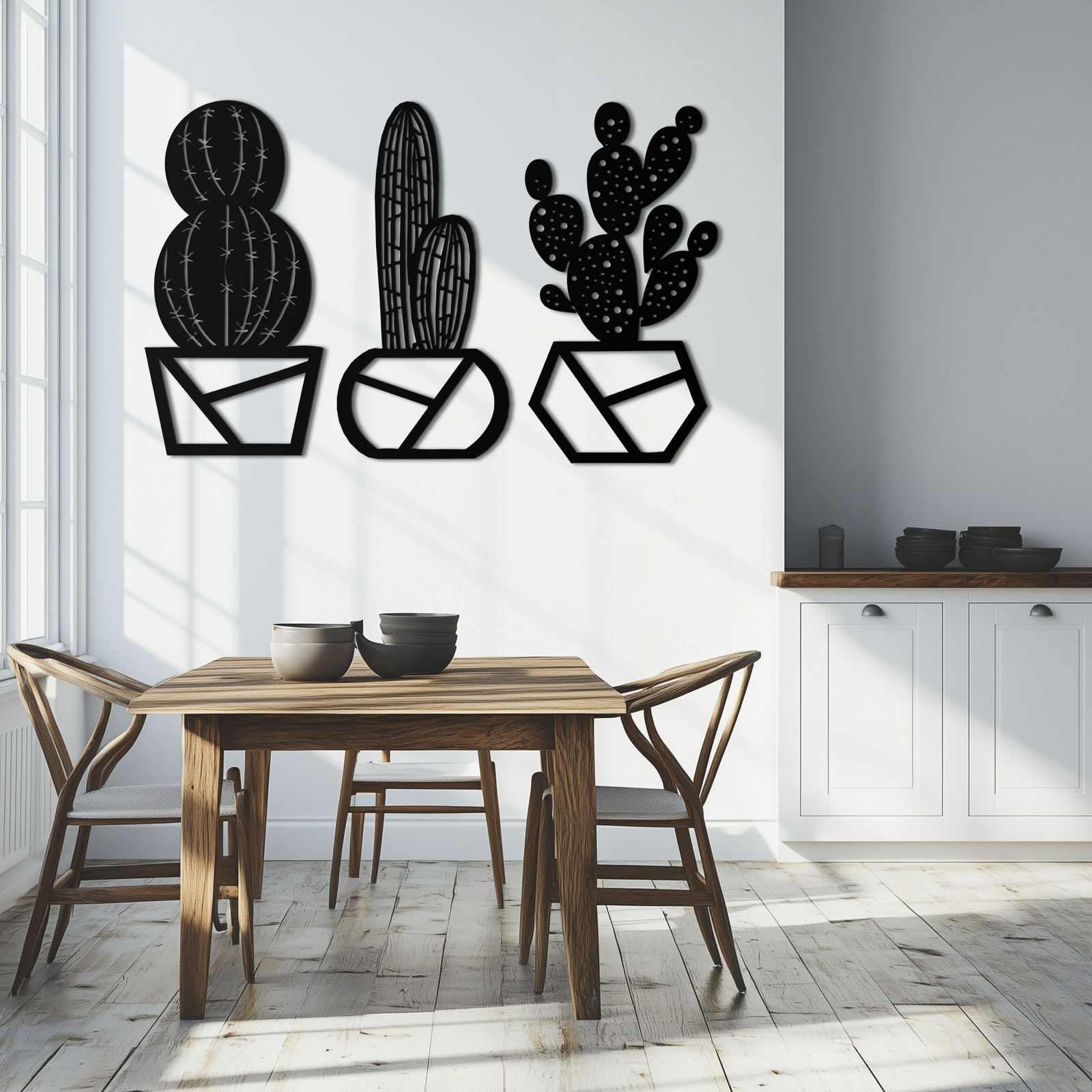 Geometric Cactus Set Metal Wall Art – Modern Black Steel Succulent Decor for Home and Office- KAF518