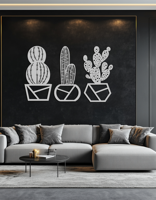 Load image into Gallery viewer, Geometric Cactus Set Metal Wall Art – Modern Black Steel Succulent Decor for Home and Office- KAF518
