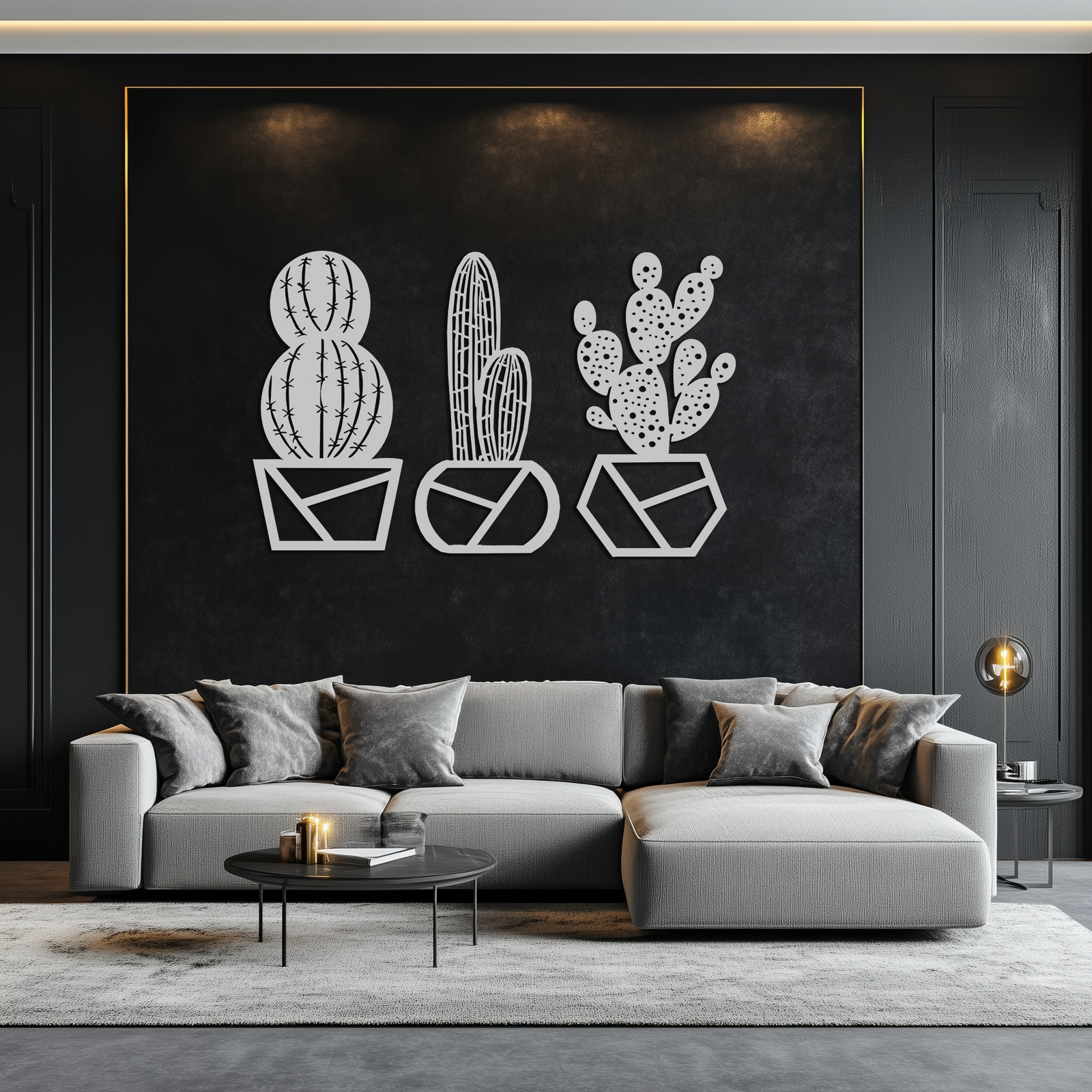 Geometric Cactus Set Metal Wall Art – Modern Black Steel Succulent Decor for Home and Office- KAF518