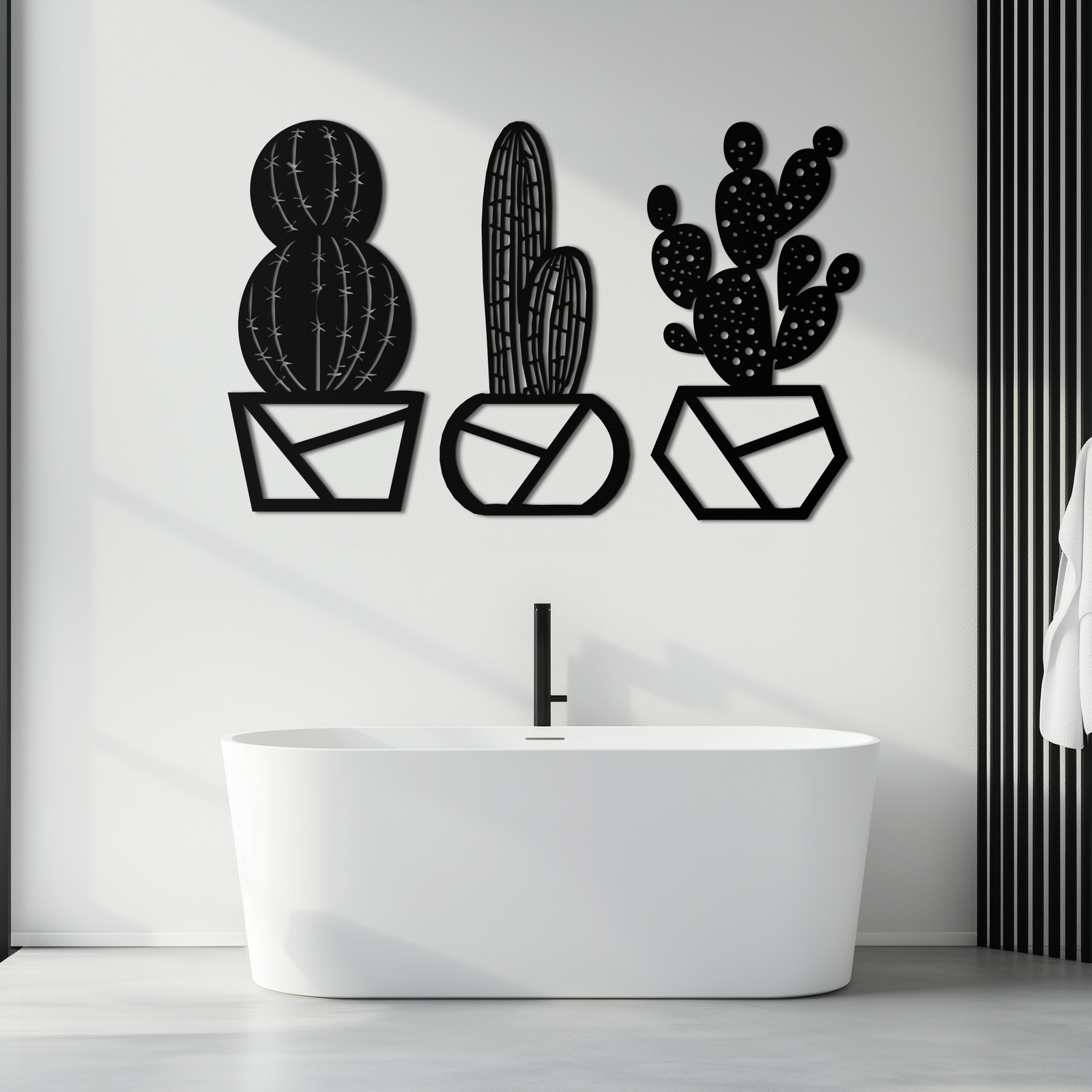 Geometric Cactus Set Metal Wall Art – Modern Black Steel Succulent Decor for Home and Office- KAF518