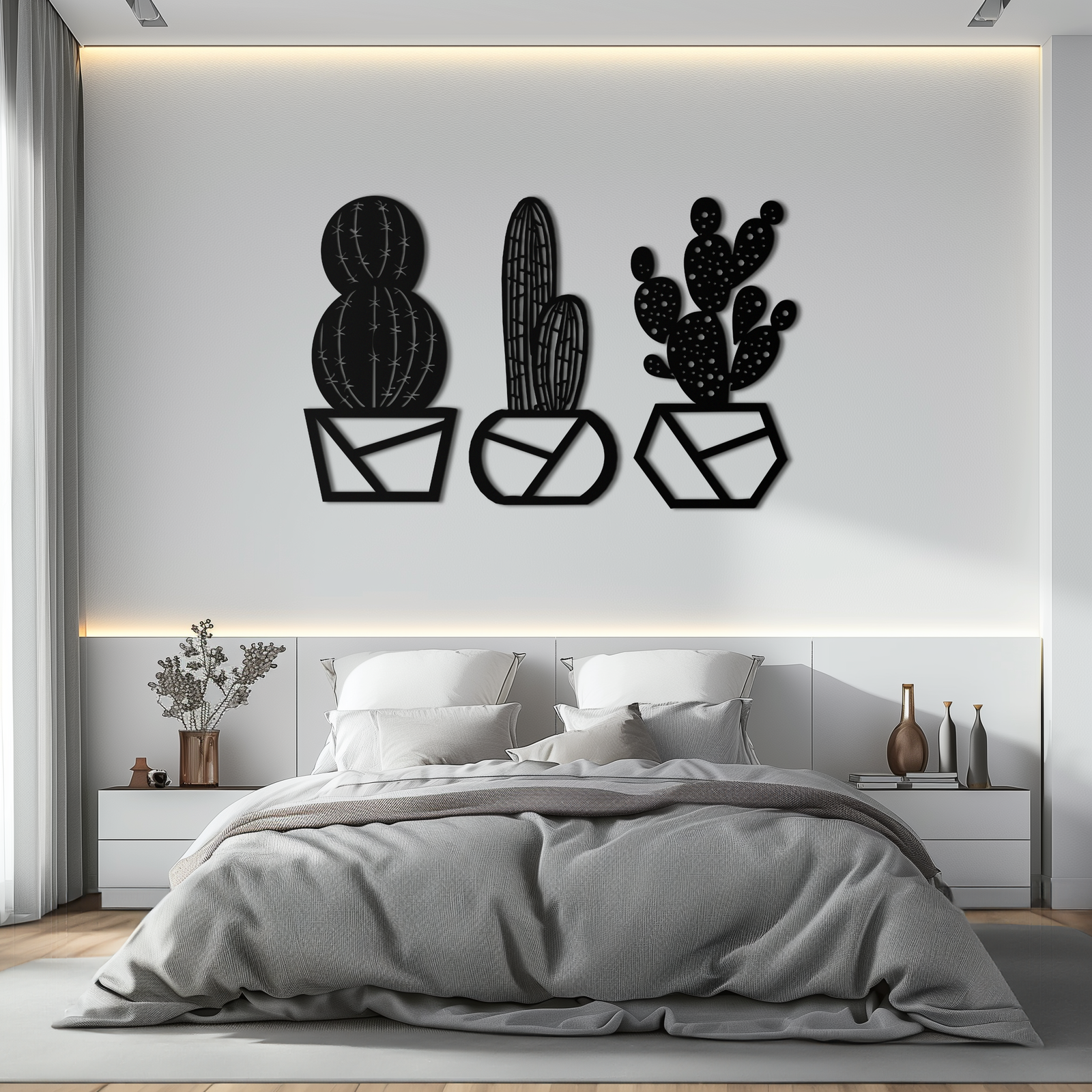 Geometric Cactus Set Metal Wall Art – Modern Black Steel Succulent Decor for Home and Office- KAF518