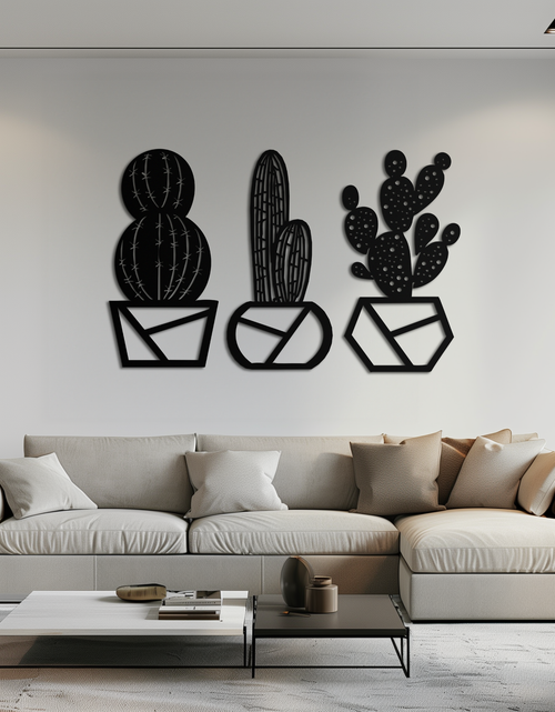 Load image into Gallery viewer, Geometric Cactus Set Metal Wall Art – Modern Black Steel Succulent Decor for Home and Office- KAF518
