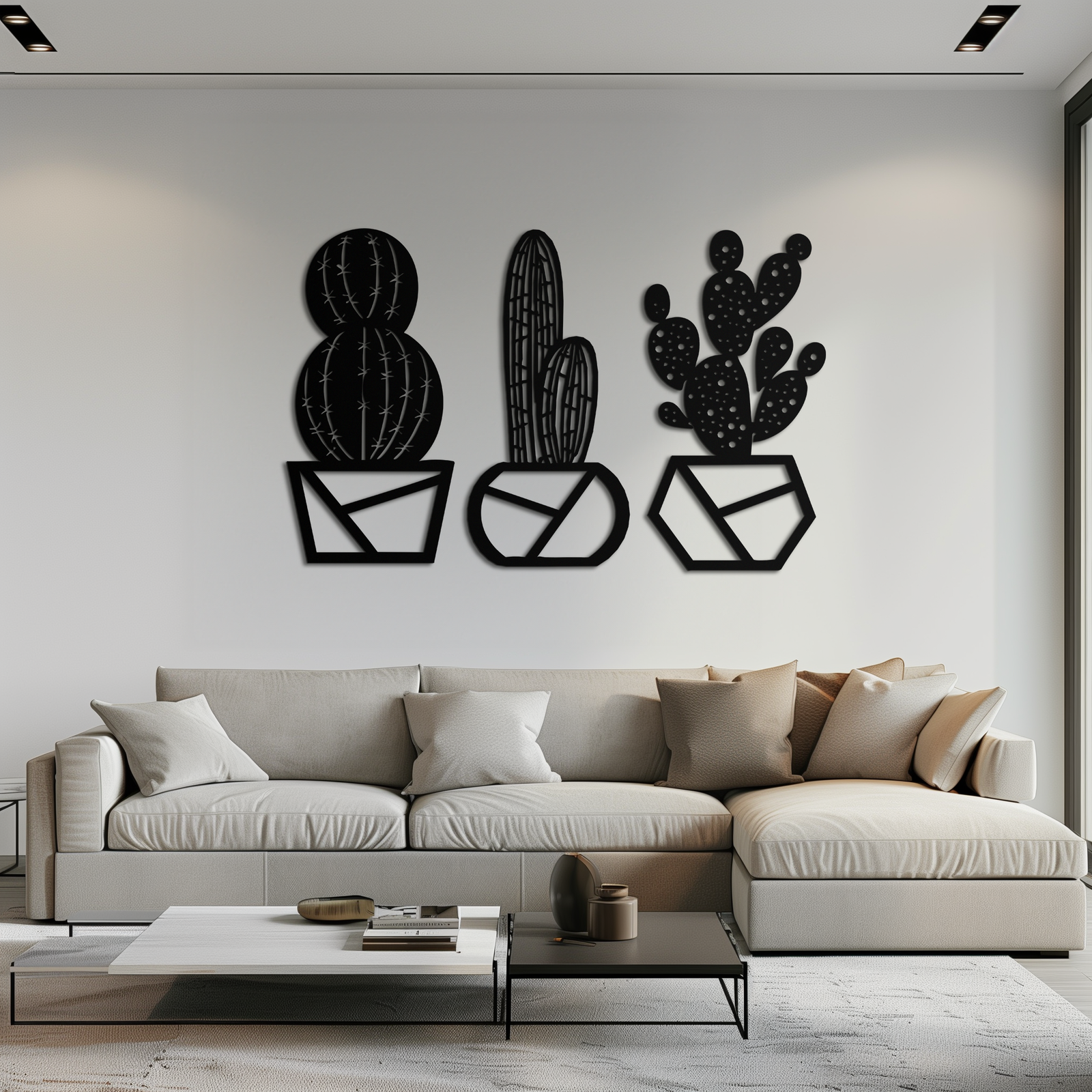 Geometric Cactus Set Metal Wall Art – Modern Black Steel Succulent Decor for Home and Office- KAF518